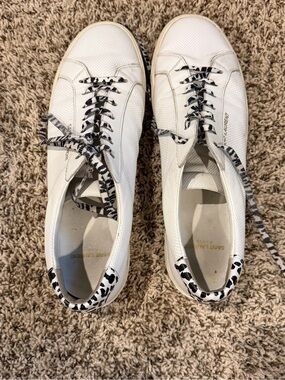Saint Laurent White Leather Sneakers with Black Leopard-Print Details